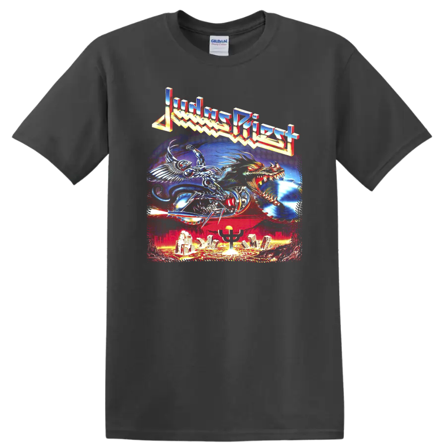 Judas Priest Painkiller fantasy metal artwork with chrome rider, dragon, and city skyline on a Charcoal T Shirt