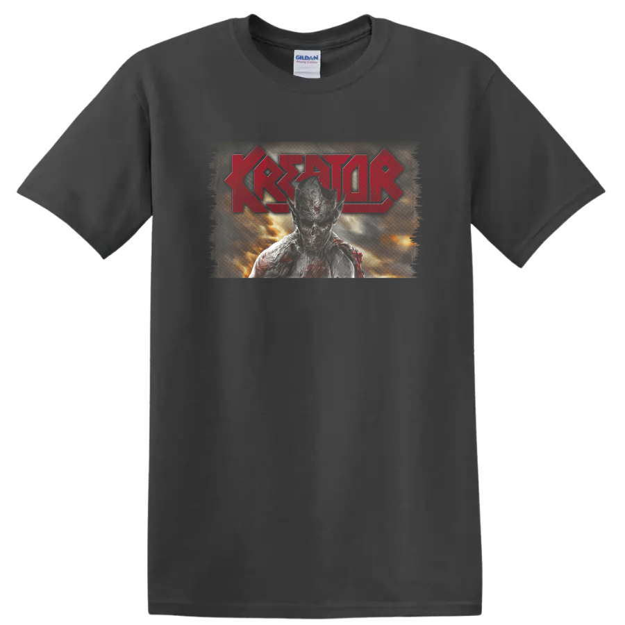 Kreator red logo with fiery central figure in distressed thrash metal artwork on a Charcoal T Shirt