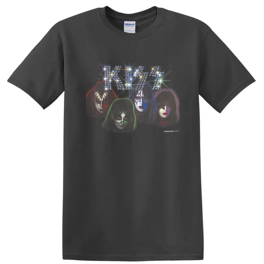 KISS Spun Out style four makeup portraits with psychedelic starburst artwork on a Charcoal T Shirt