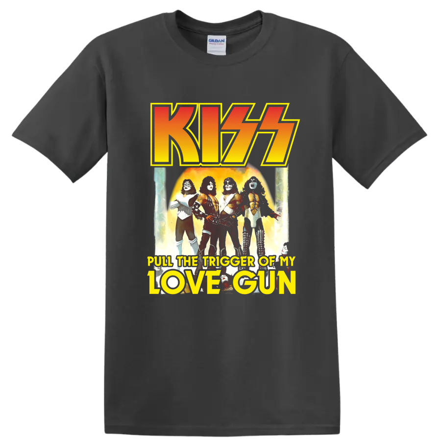 KISS Love Gun retro graphic with band lineup, fiery glow, and bold logo lettering on a Charcoal T Shirt