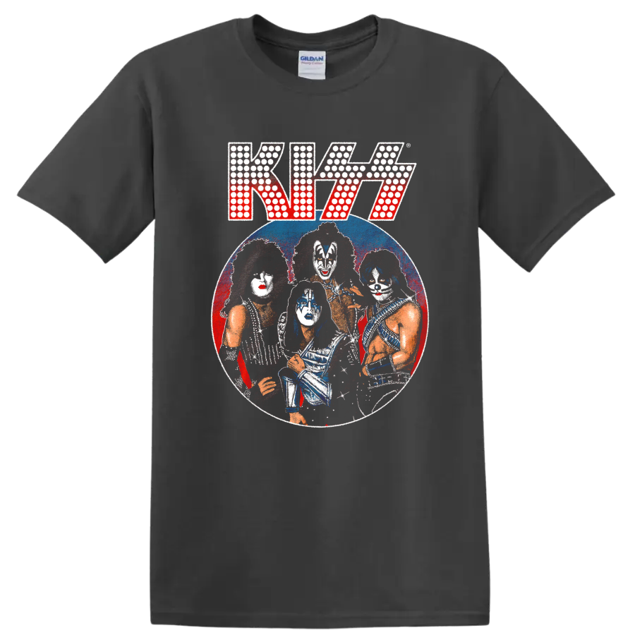 Distressed KISS band portrait with stage makeup in a red and blue circular graphic on a Charcoal T Shirt