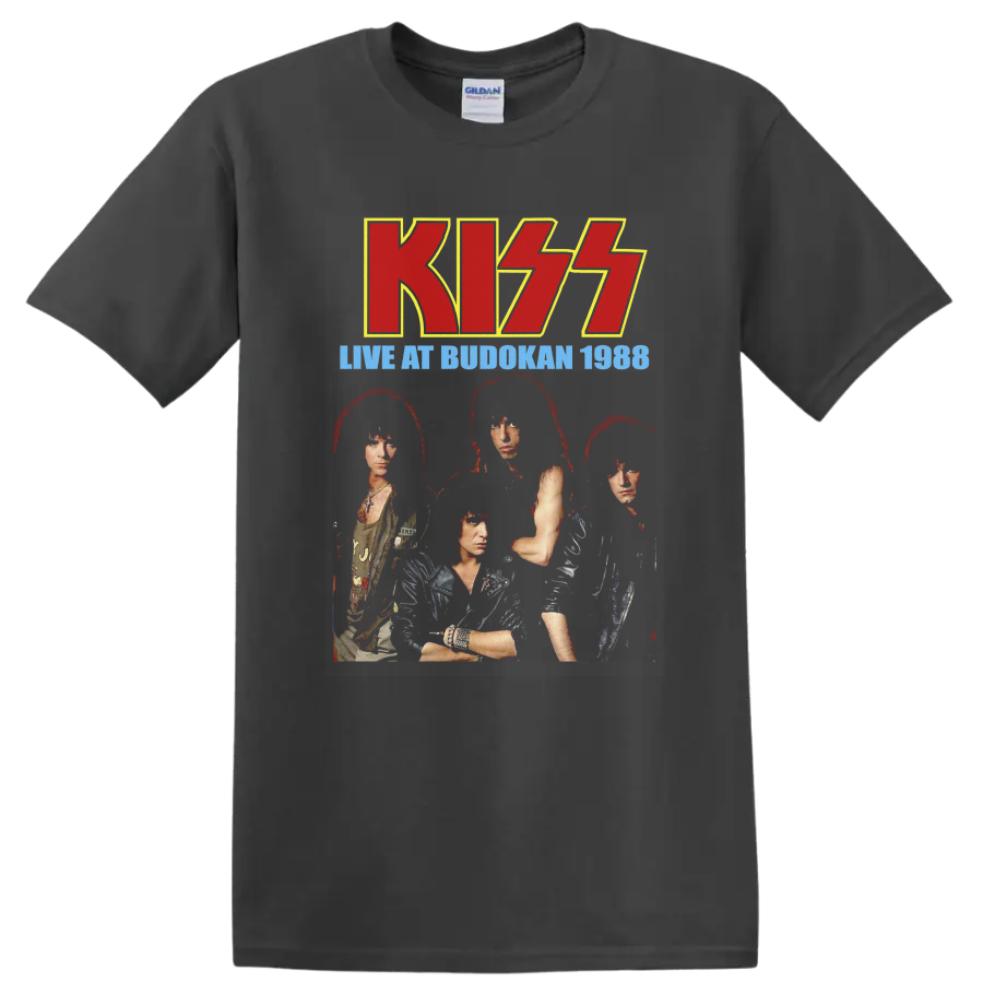 KISS Live at Budokan 1988 vintage concert portrait with red logo and blue text on a Charcoal T Shirt