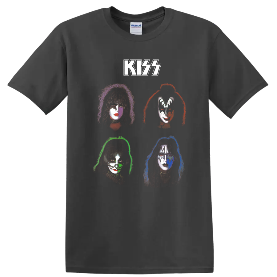 KISS Rock and Roll Over inspired four face-paint portraits in a vintage graphic on a Charcoal T Shirt