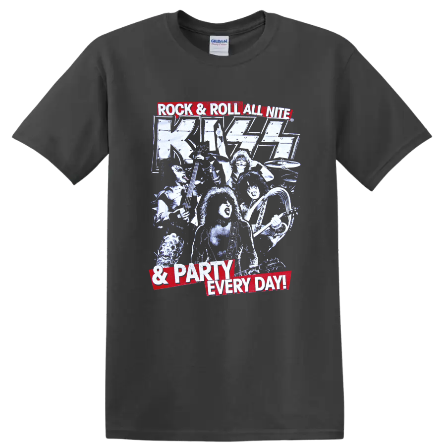 KISS Rock and Roll All Nite retro concert graphic with performers, guitars and drums on a Charcoal T Shirt