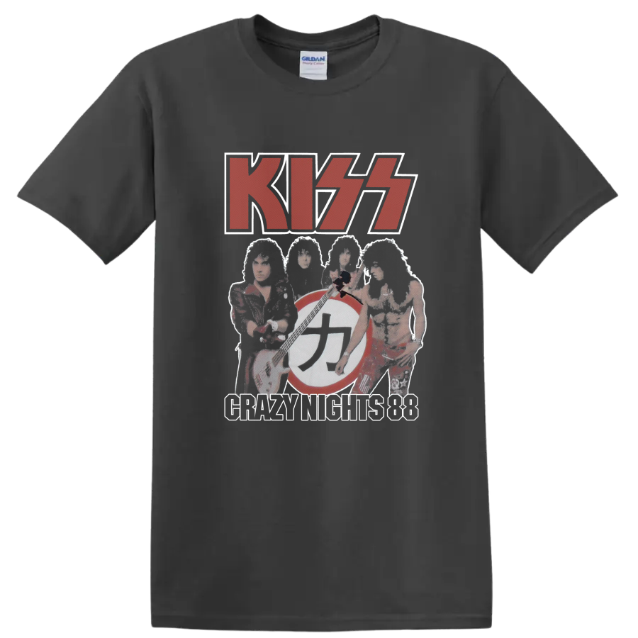 KISS Dressed to Kill red logo with faded band collage and circular emblem on a Charcoal T Shirt