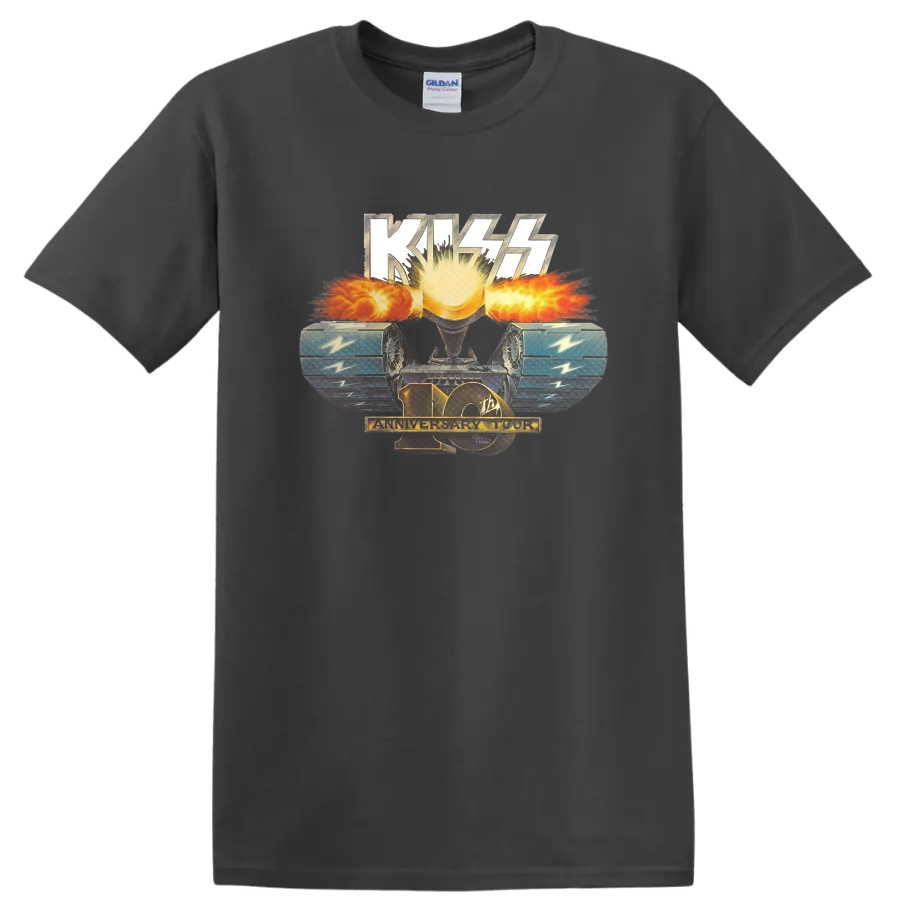 KISS 10th Anniversary Tour sunburst and blue wings retro concert graphic on a Charcoal T Shirt