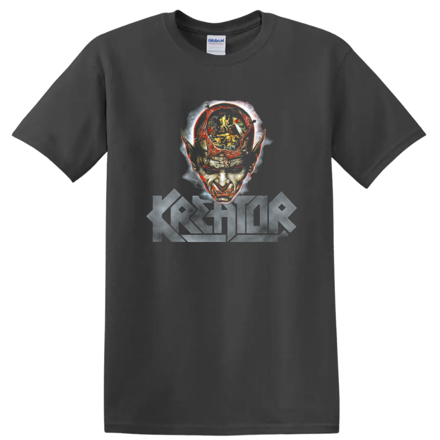 Kreator Phantom Antichrist distressed skull face with jagged band logo on a Charcoal T Shirt