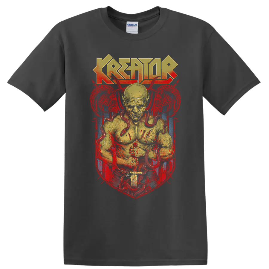 Kreator logo above a snake-wrapped figure in distressed red, yellow, and blue metal art on a Charcoal T Shirt