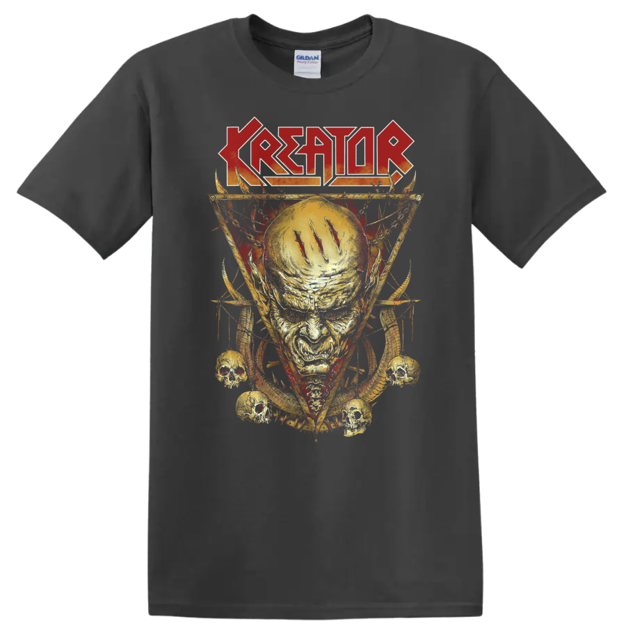 Kreator logo above a fiery skull with glowing halo, spikes, and small skulls on a Charcoal T Shirt
