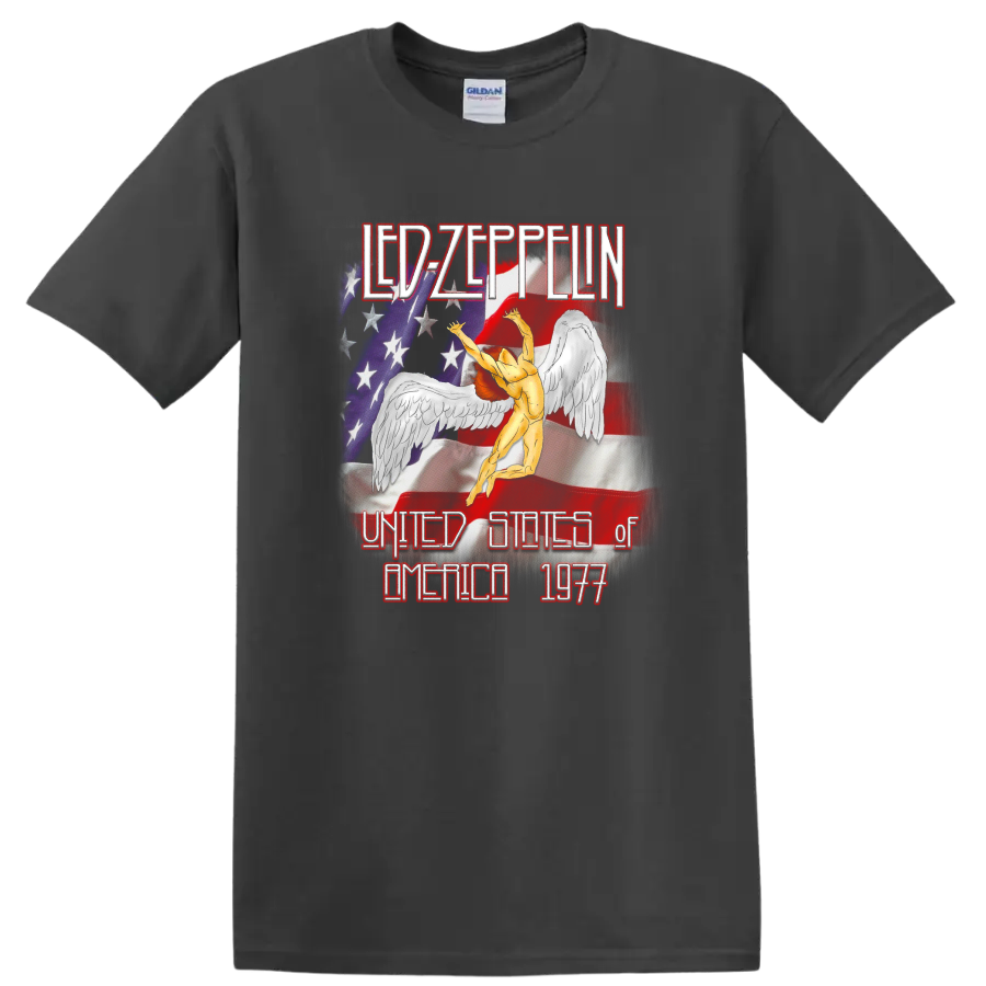 Led Zeppelin 1977 US tour Icarus figure with distressed American flag artwork on a Charcoal T Shirt