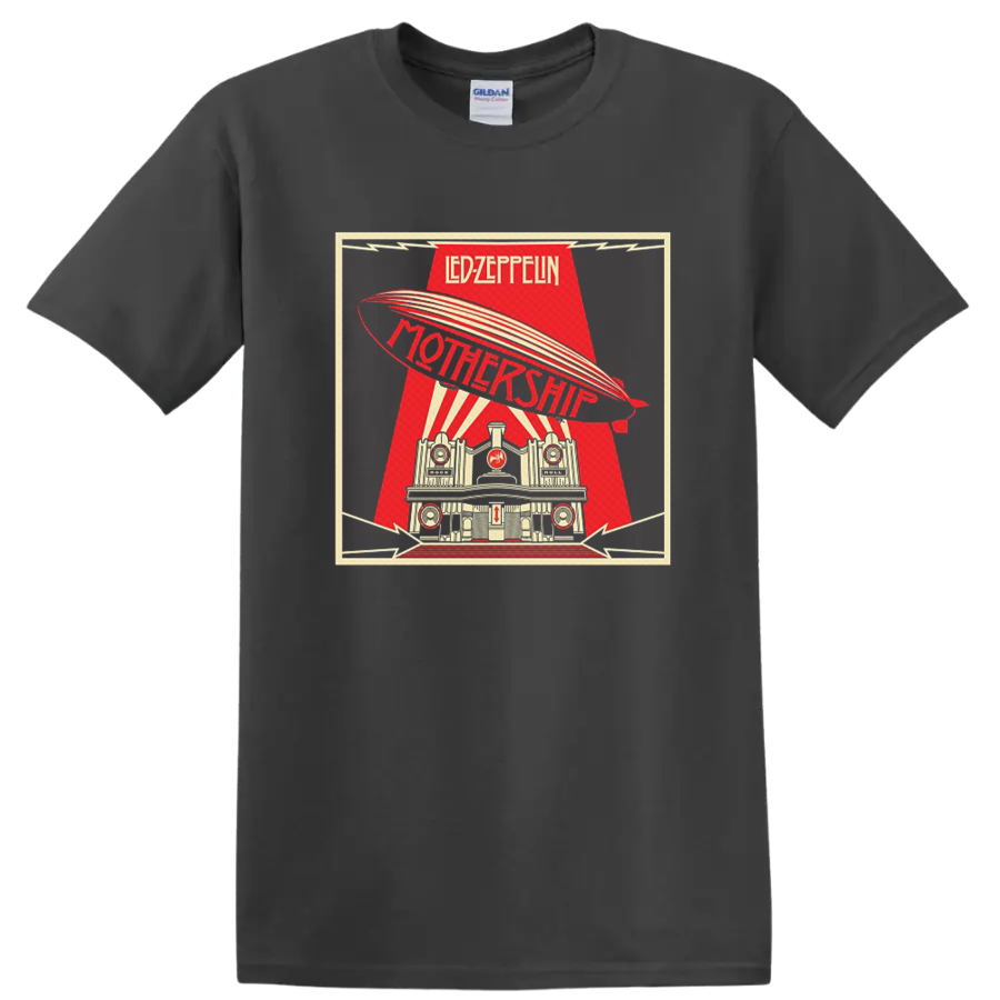 Led Zeppelin Mothership retro poster with airship, rays, and architectural scene on a Charcoal T Shirt