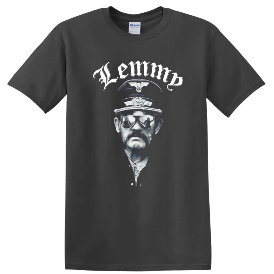 Motörhead Lemmy Kilmister blue and white portrait with cap and mirrored shades on a Charcoal T Shirt