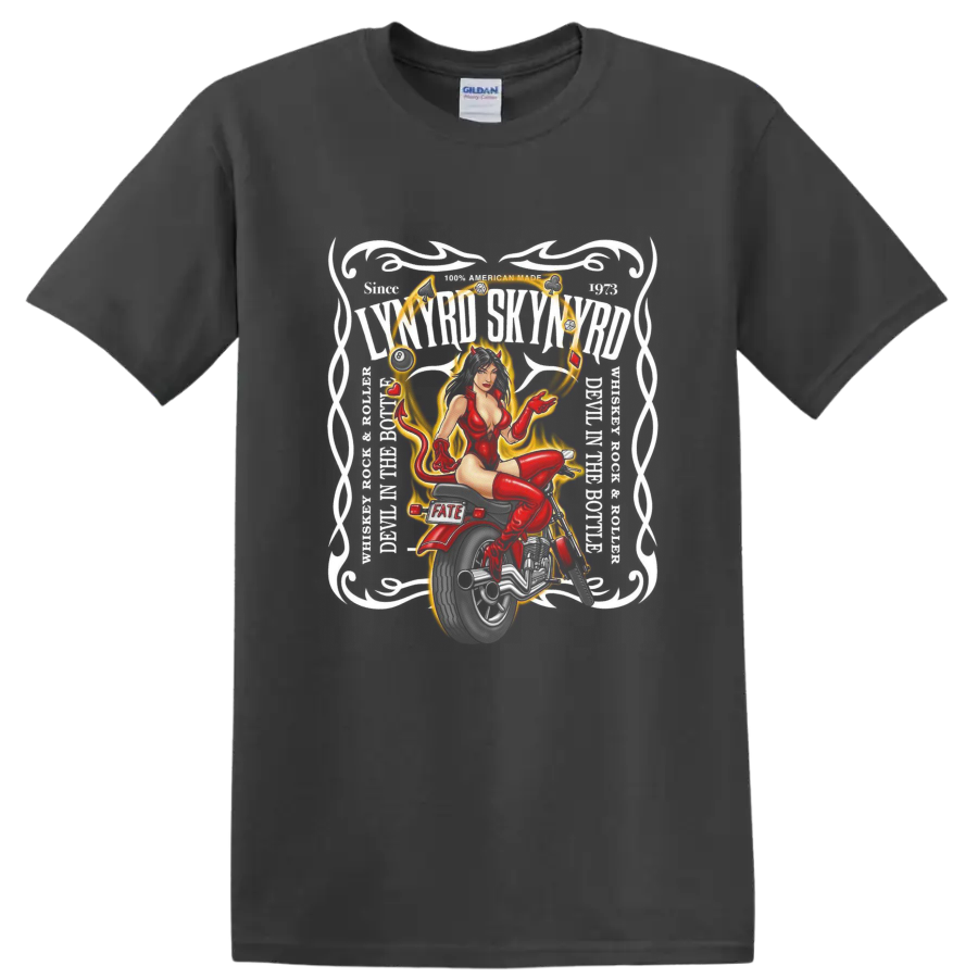 Red pinup femme in a gold ornamental frame with hearts and Fate lettering on a Charcoal T Shirt