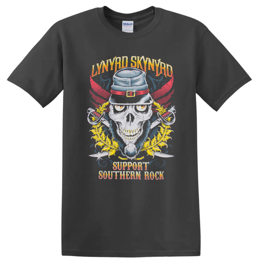 Lynyrd Skynyrd skull in hat with red wings, swords, and Support Southern Rock text on a Charcoal T Shirt