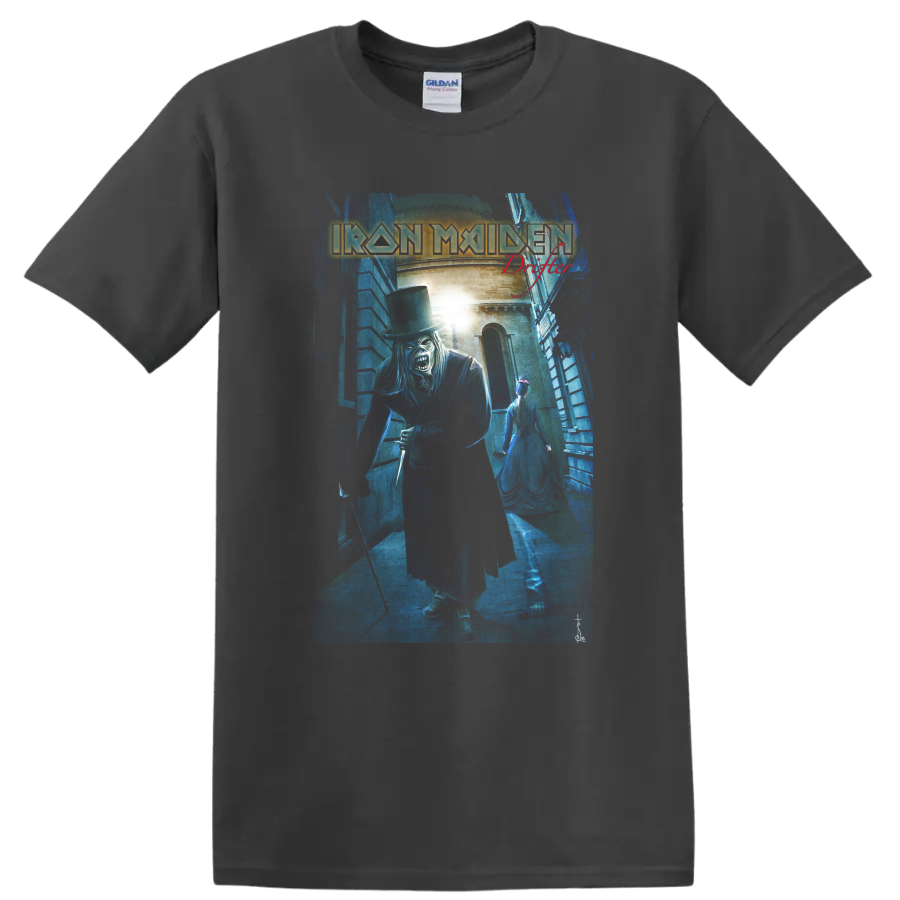 Iron Maiden Eddie Drifter artwork with blue alley scene and red Drifter lettering on a Charcoal T Shirt