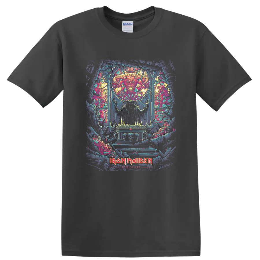 Iron Maiden Revelations Eddie artwork with horned figure, skulls, flames, and logo on a Charcoal T Shirt