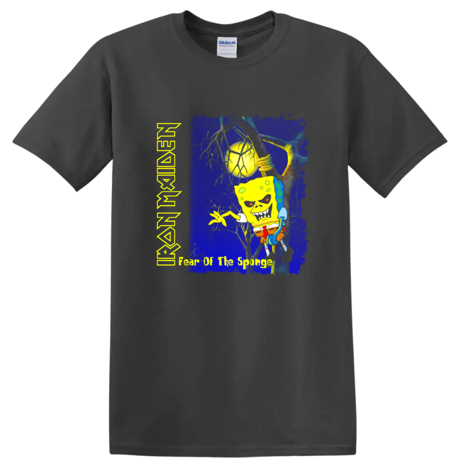 SpongeBob Fear of the Dark parody in a distressed Iron Maiden heavy metal art style on a Charcoal T Shirt