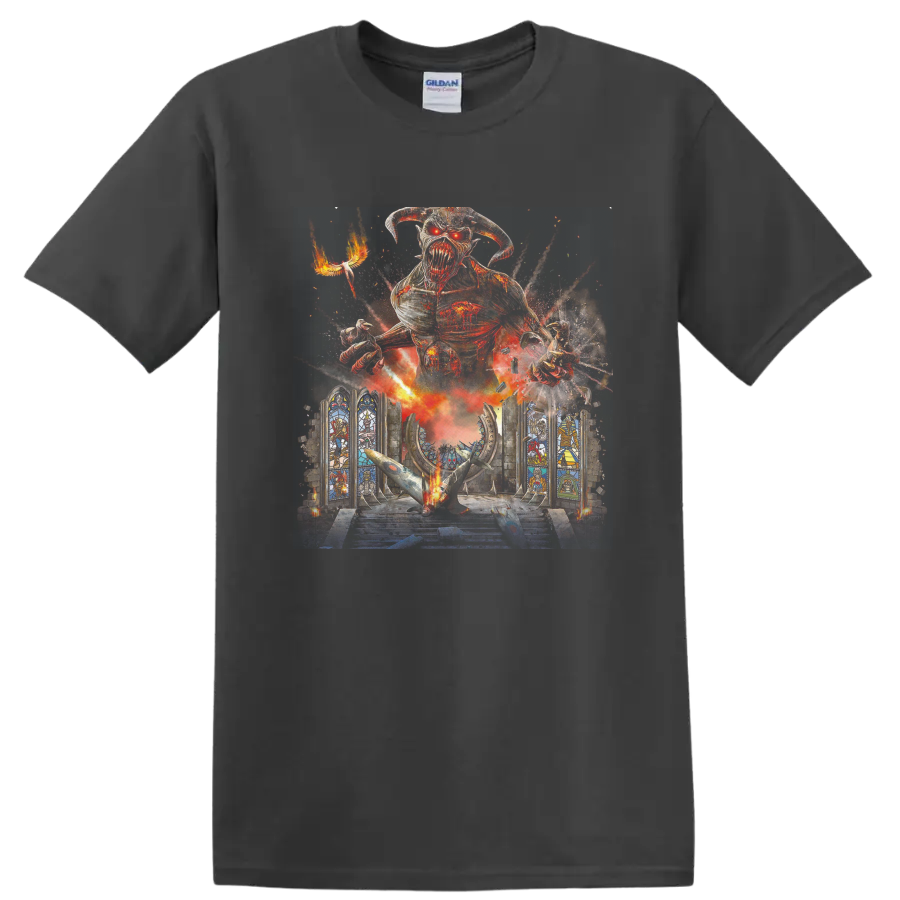 Iron Maiden Eddie above a gothic cathedral in blazing glitch-style heavy metal art on a Charcoal T Shirt