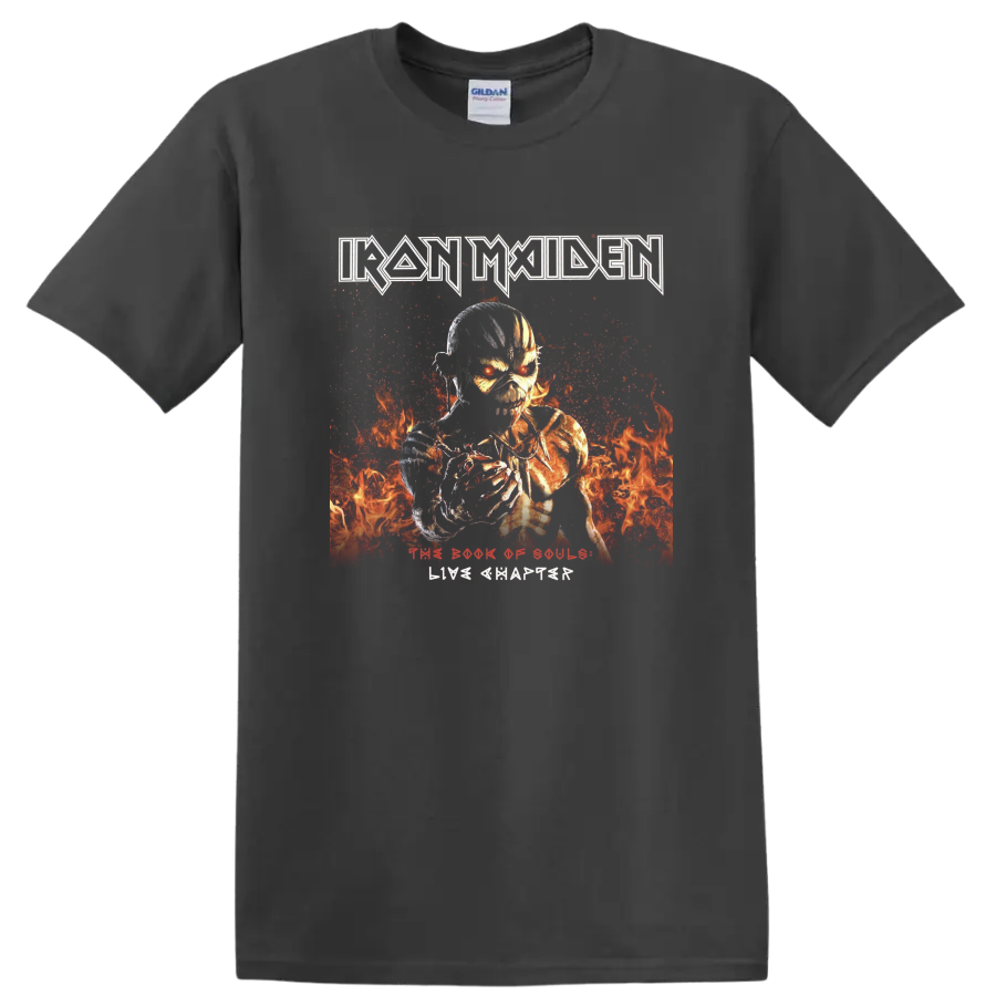Iron Maiden The Book of Souls Eddie skeletal warrior in fiery heavy metal artwork on a Charcoal T Shirt