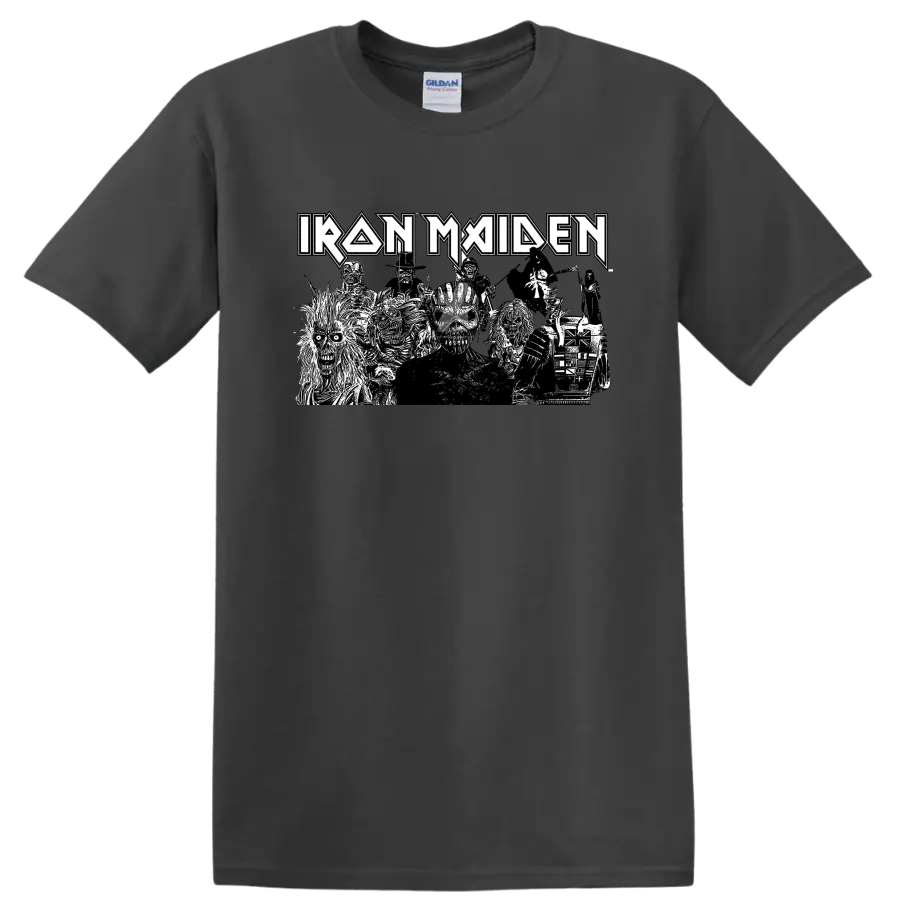 Iron Maiden logo above a black-and-white Eddie skeleton character collage on a Charcoal T Shirt