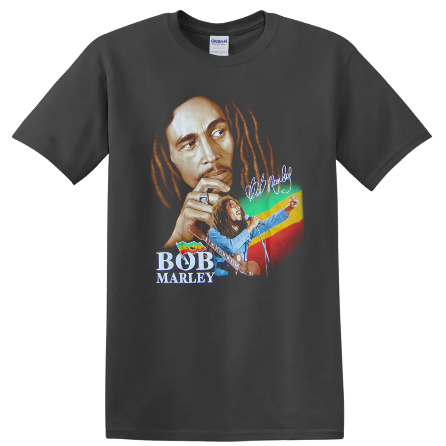 Bob Marley reggae portrait with guitar performance and red, yellow, green backdrop on a Charcoal T Shirt