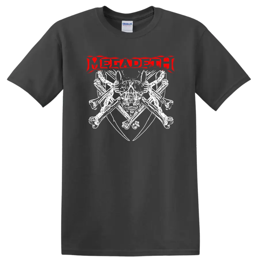 Distressed red Megadeth logo in a jagged heavy metal graphic style on a Charcoal T Shirt