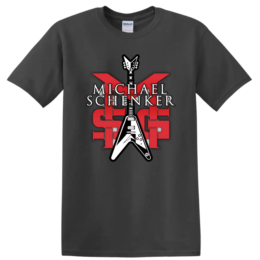Michael Schenker MSG red and white Flying V guitar rock graphic on a Charcoal T Shirt