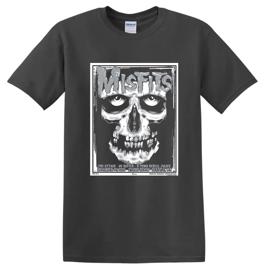 Misfits Fiend skull in distressed black-and-white horror punk poster style on a Charcoal T Shirt