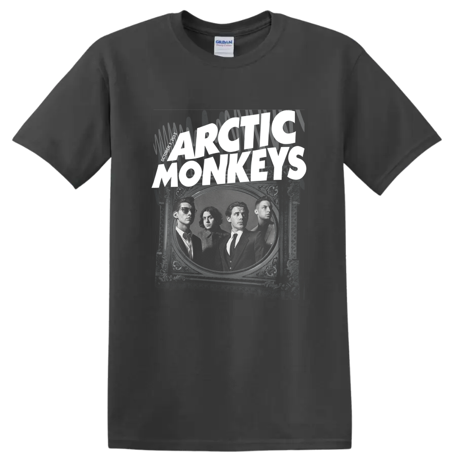 Arctic Monkeys band portrait in an ornate frame with bold distressed lettering on a Charcoal T Shirt