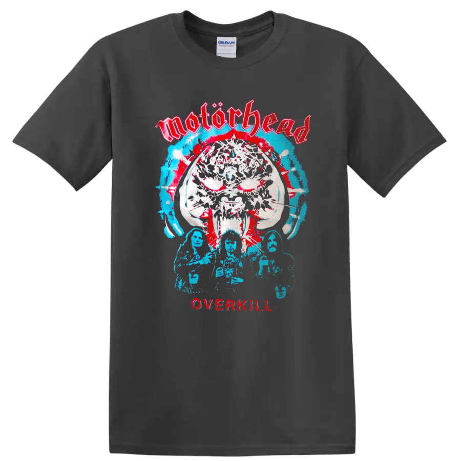 Motörhead Overkill Snaggletooth skull in distressed red and blue metal artwork on a Charcoal T Shirt