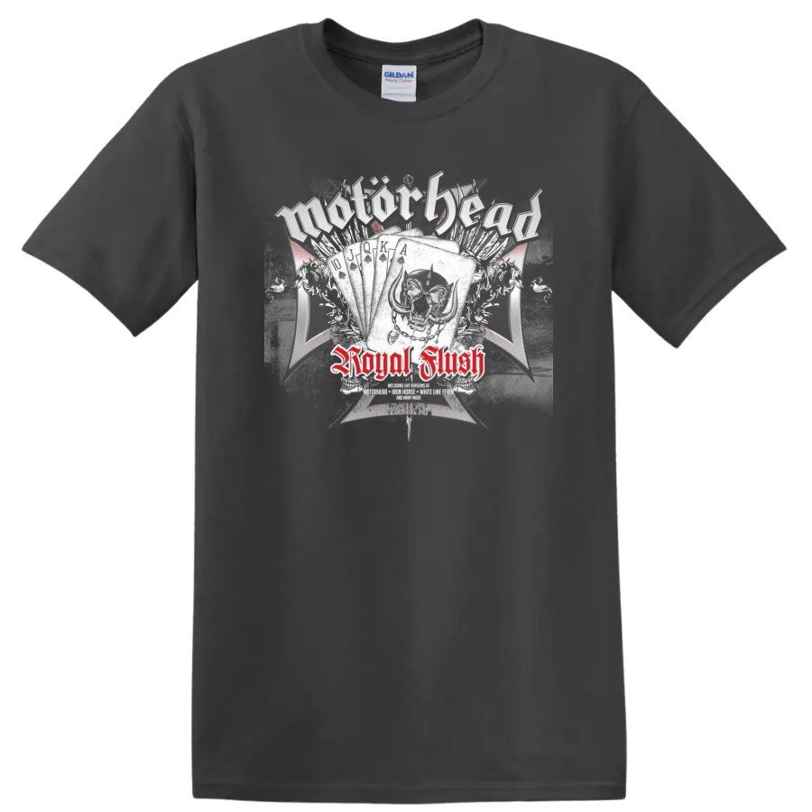 Motörhead Royal Flush skull and playing-card graphic with distressed red lettering on a Charcoal T Shirt