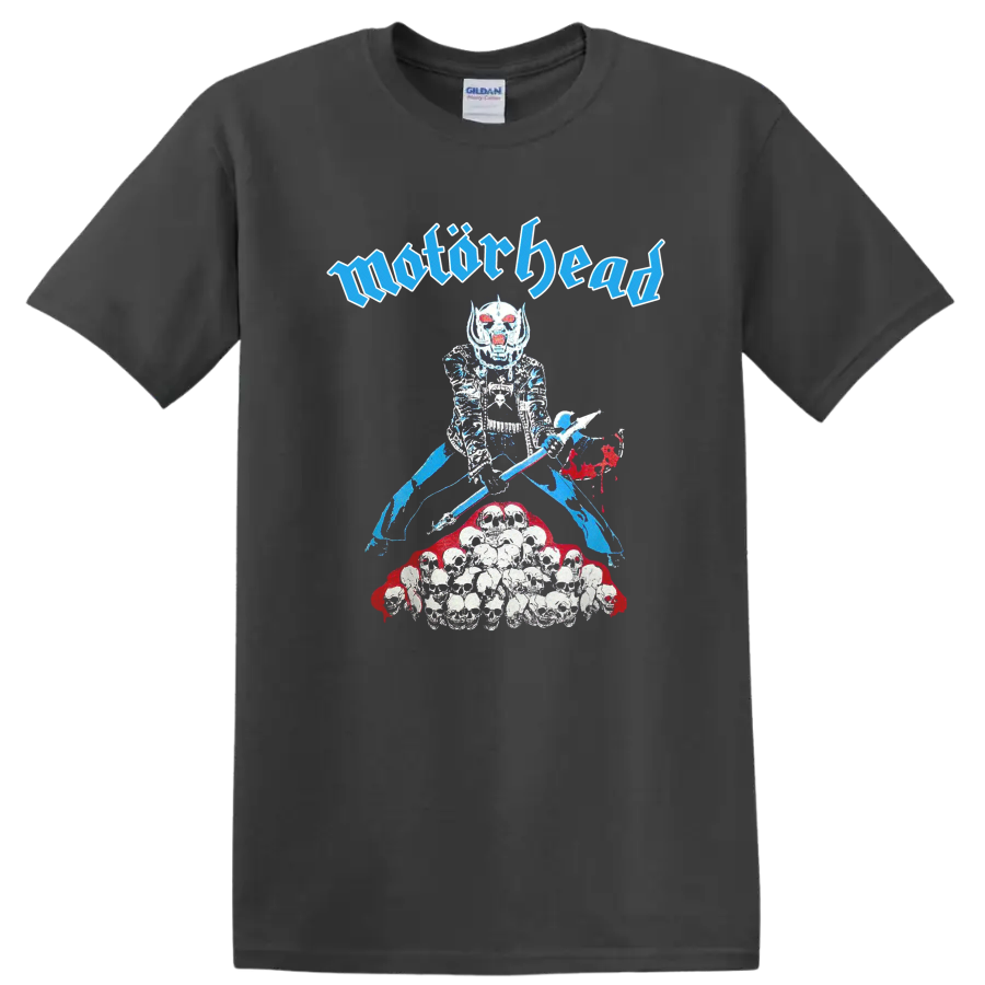 Motörhead Snaggletooth skull warrior graphic with Gothic lettering and skulls on a Charcoal T Shirt