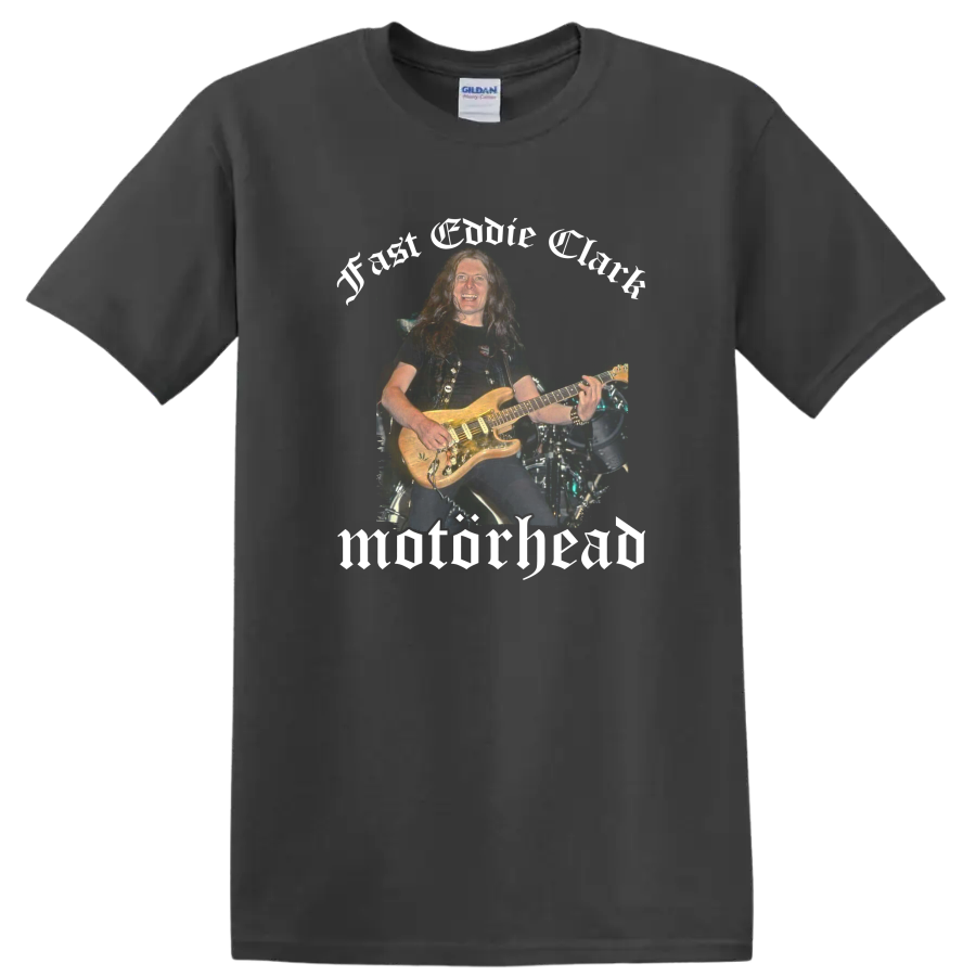 Motörhead live guitarist concert artwork with bold heavy metal lettering on a Charcoal T Shirt