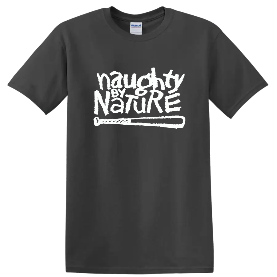 Naughty by Nature logo in distressed white graffiti-style lettering on a Charcoal T Shirt