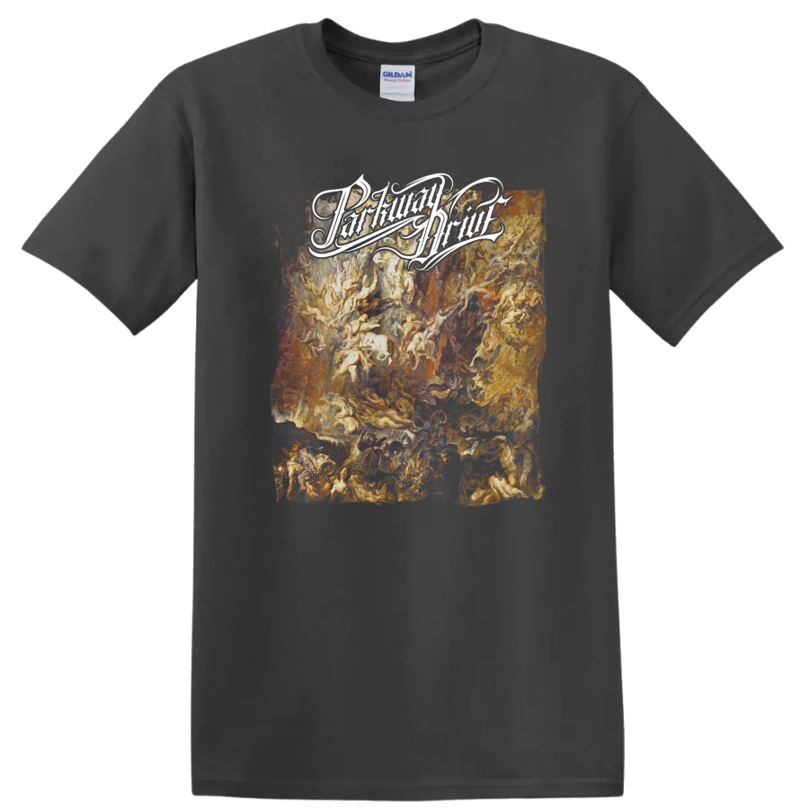 Parkway Drive distressed white script over fiery orange and red grunge artwork on a Charcoal T Shirt