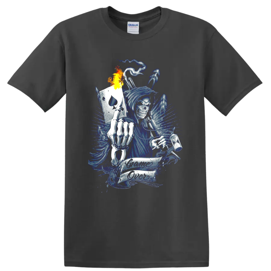 Blue grim reaper skull with flaming spade card and Game Over banner on a Charcoal T Shirt