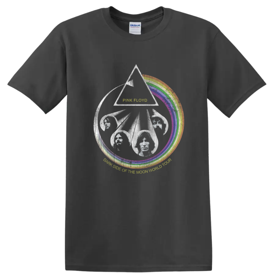 Pink Floyd Dark Side of the Moon prism, rainbow arc, and flying pig graphic on a Charcoal T Shirt