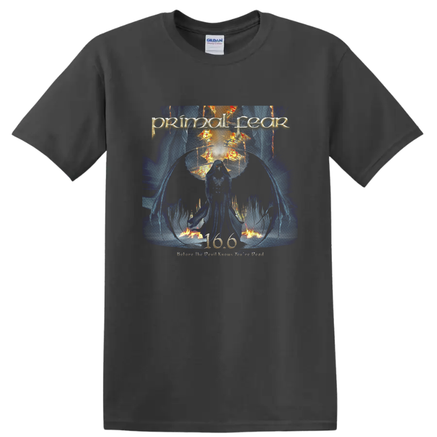 Primal Fear skull warrior graphic with blue flames, orange fire, and metal artwork on a Charcoal T Shirt