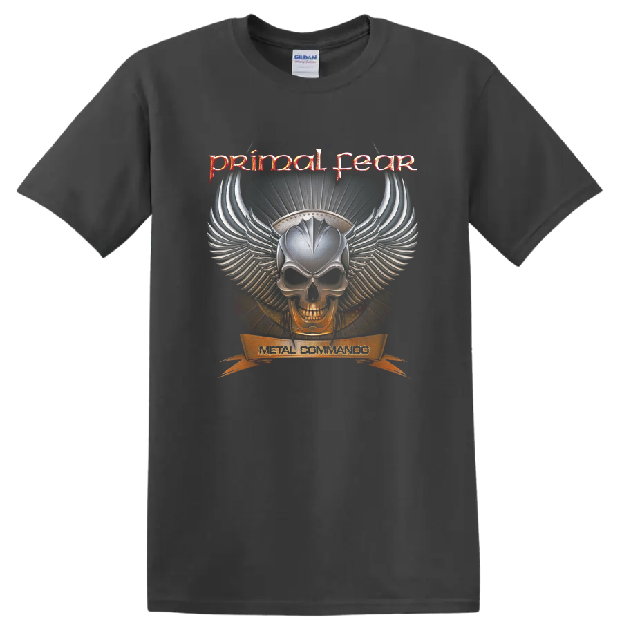 Primal Fear Metal Commando winged skull with fiery gothic heavy metal artwork on a Charcoal T Shirt