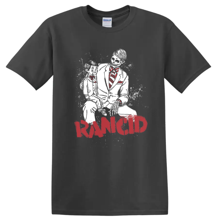 Rancid distressed red logo with gritty black-and-white punk performance artwork on a Charcoal T Shirt