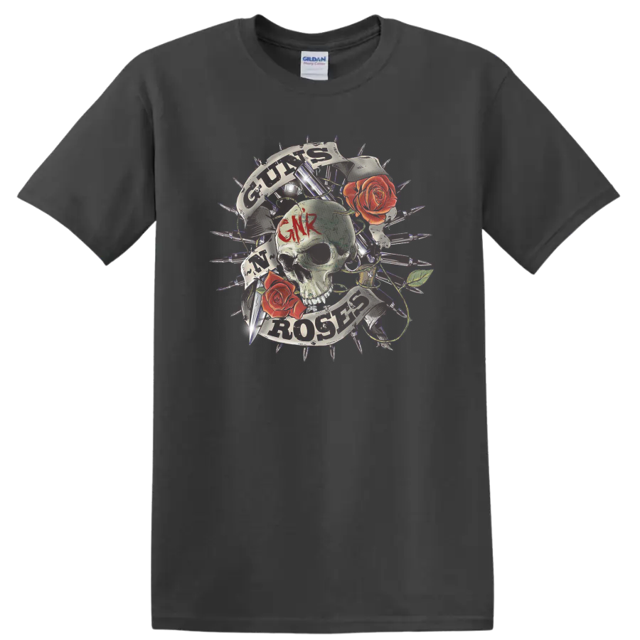 Guns N' Roses skull and red roses graphic with GNR lettering and distressed rays on a Charcoal T Shirt