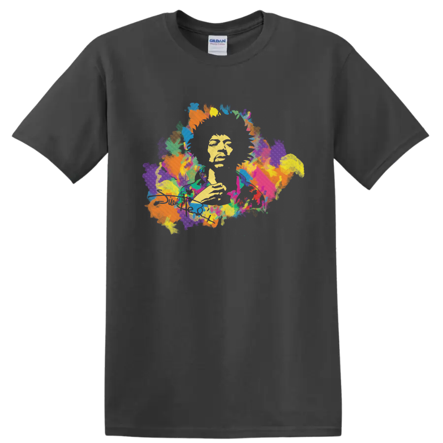 Jimi Hendrix psychedelic guitar portrait with colorful paint splashes on a Charcoal T Shirt