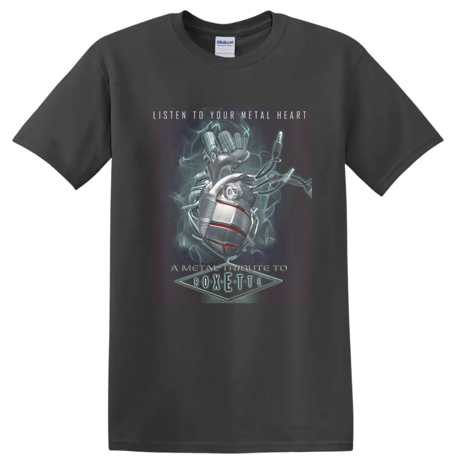 Roxette metal tribute with horns hand, microphone, neon smoke, and Metal Heart text on a Charcoal T Shirt