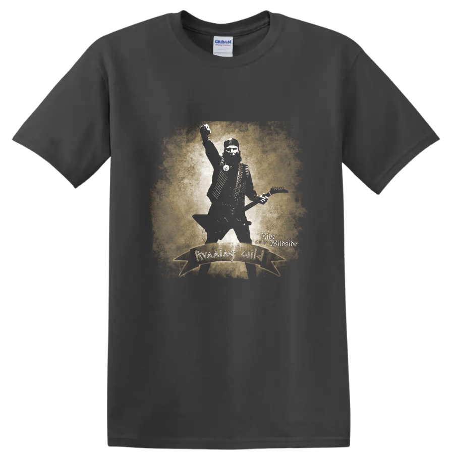Running Wild distressed skeleton guitarist with Ride on the Wildside lettering on a Charcoal T Shirt
