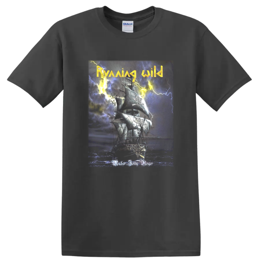 Running Wild Riding the Storm artwork with rider, horse, lightning, and distressed texture on a Charcoal T Shirt