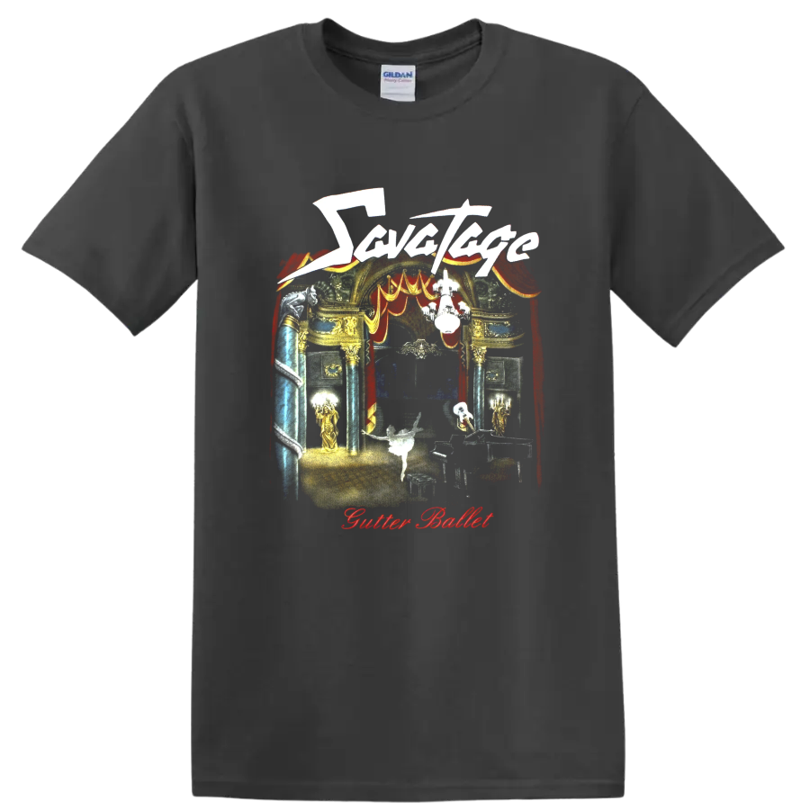 Savatage Gutter Ballet theatrical stage art with red curtains and ornate gold details on a Charcoal T Shirt