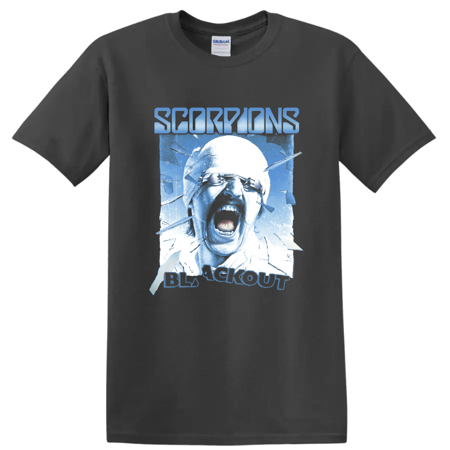 Scorpions Blackout screaming face with shattered glass in icy blue on a Charcoal T Shirt