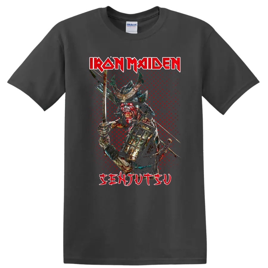 Iron Maiden Senjutsu Samurai Eddie sword warrior in distressed heavy metal horror art on a Charcoal T Shirt