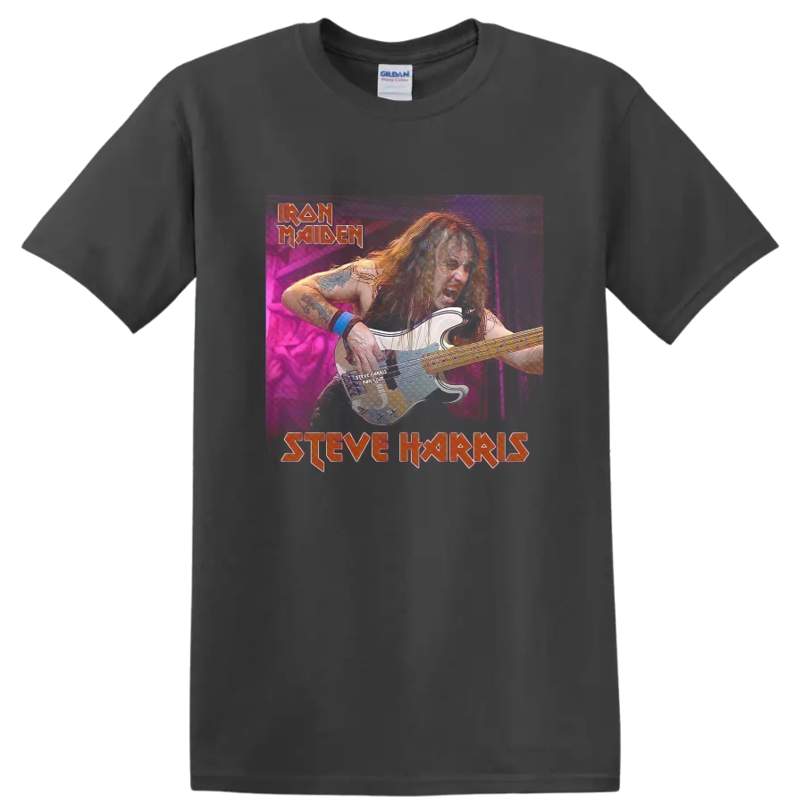 Steve Harris playing bass in a neon Iron Maiden Running Free Live-inspired graphic on a Charcoal T Shirt