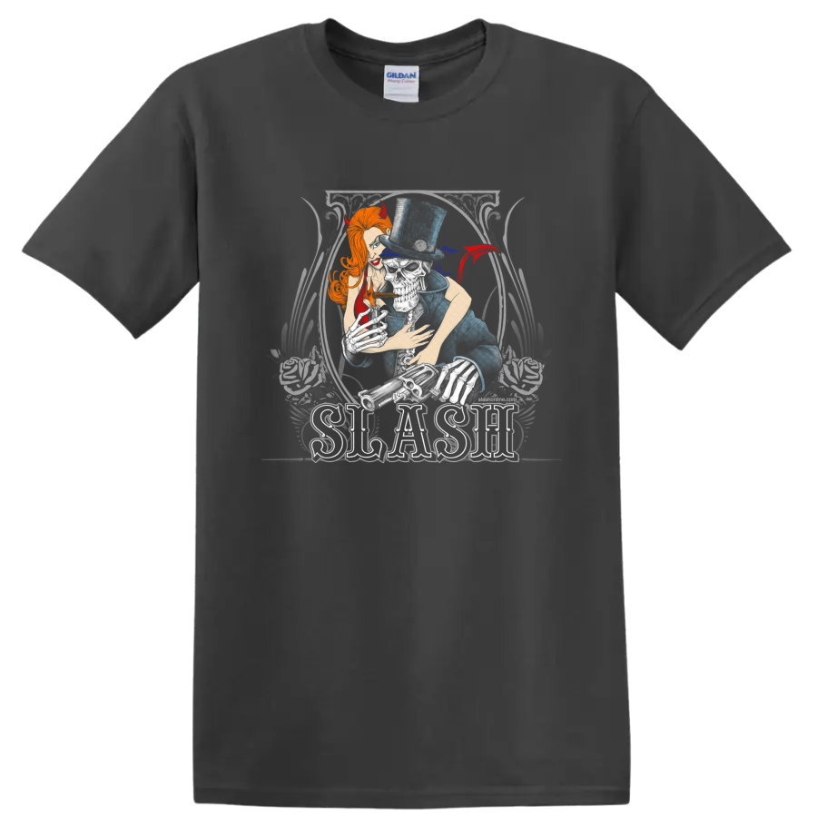 Slash guitarist portrait in top hat with devil horns and distressed rock poster style on a Charcoal T Shirt